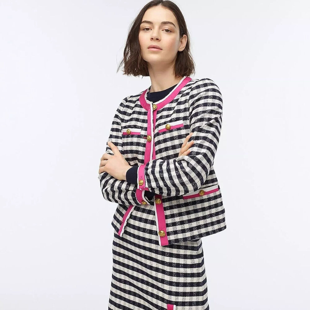 J. Crew Grosgrain Trim Jacket in Gingham Tweed AJ953 Pink Trim Women's Size 2 - Picture 1 of 16